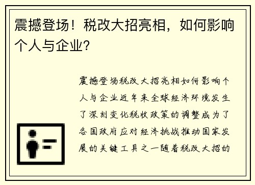 震撼登场！税改大招亮相，如何影响个人与企业？