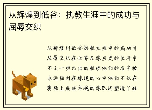 从辉煌到低谷：执教生涯中的成功与屈辱交织