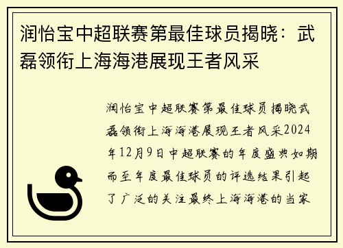 润怡宝中超联赛第最佳球员揭晓：武磊领衔上海海港展现王者风采