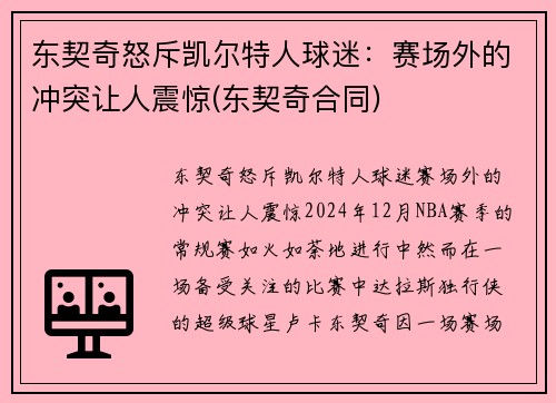 东契奇怒斥凯尔特人球迷：赛场外的冲突让人震惊(东契奇合同)