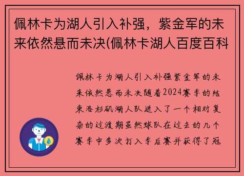 佩林卡为湖人引入补强，紫金军的未来依然悬而未决(佩林卡湖人百度百科)