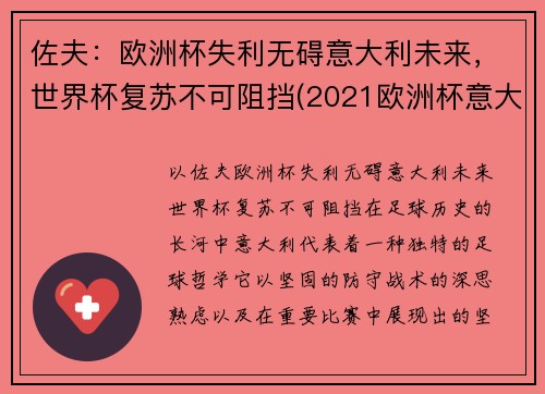 佐夫：欧洲杯失利无碍意大利未来，世界杯复苏不可阻挡(2021欧洲杯意大利独赢)