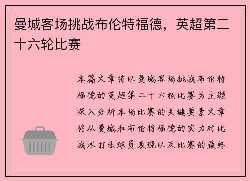 曼城客场挑战布伦特福德，英超第二十六轮比赛