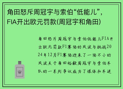 角田怒斥周冠宇与索伯“低能儿”，FIA开出欧元罚款(周冠宇和角田)