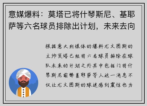 意媒爆料：莫塔已将什琴斯尼、基耶萨等六名球员排除出计划，未来去向成疑