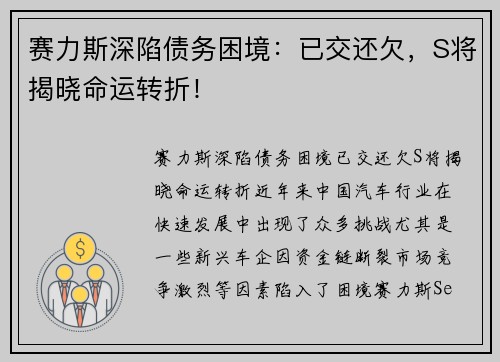 赛力斯深陷债务困境：已交还欠，S将揭晓命运转折！